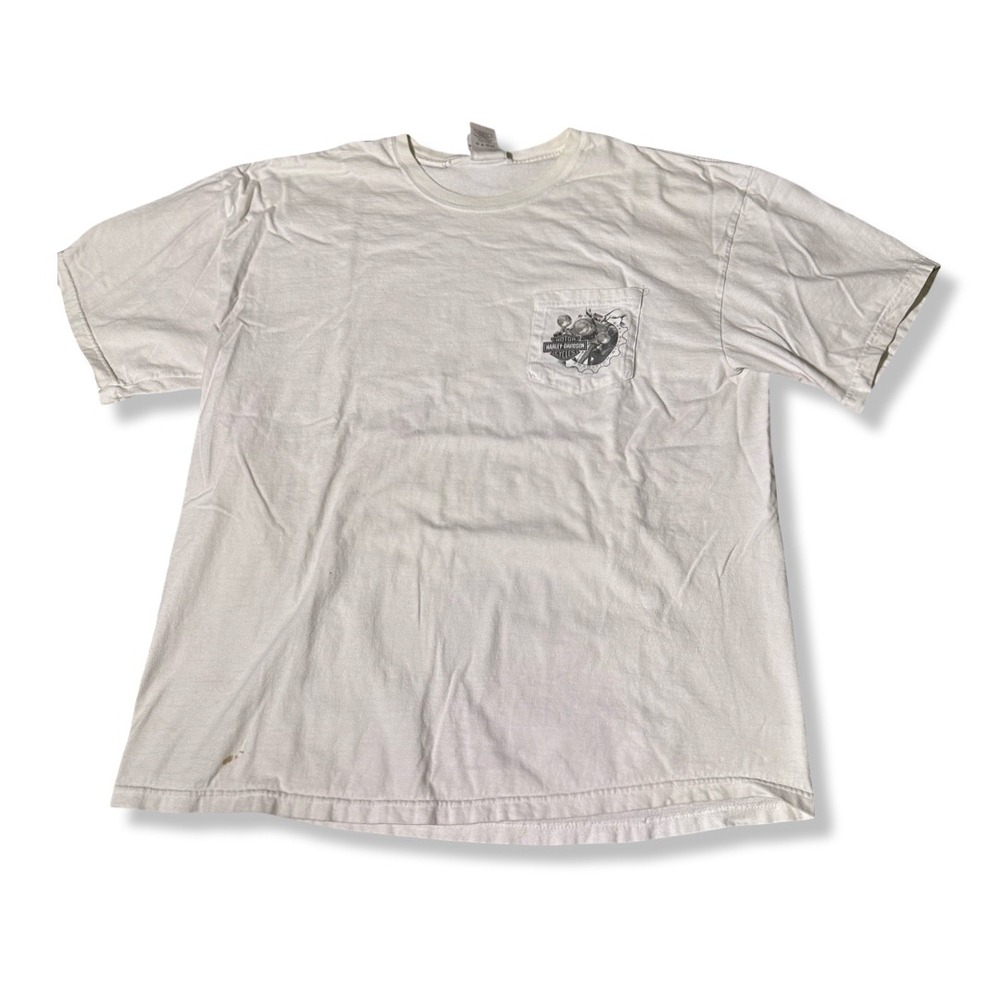Vintage Y2K Harley Davidson Pocket T-Shirt Mens XL White Modesto Preowned